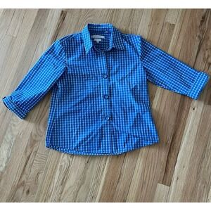 Foxcroft Wrinkle Free Blue & White Check Button Down 3/4 Sleeve Sz 8 Petite